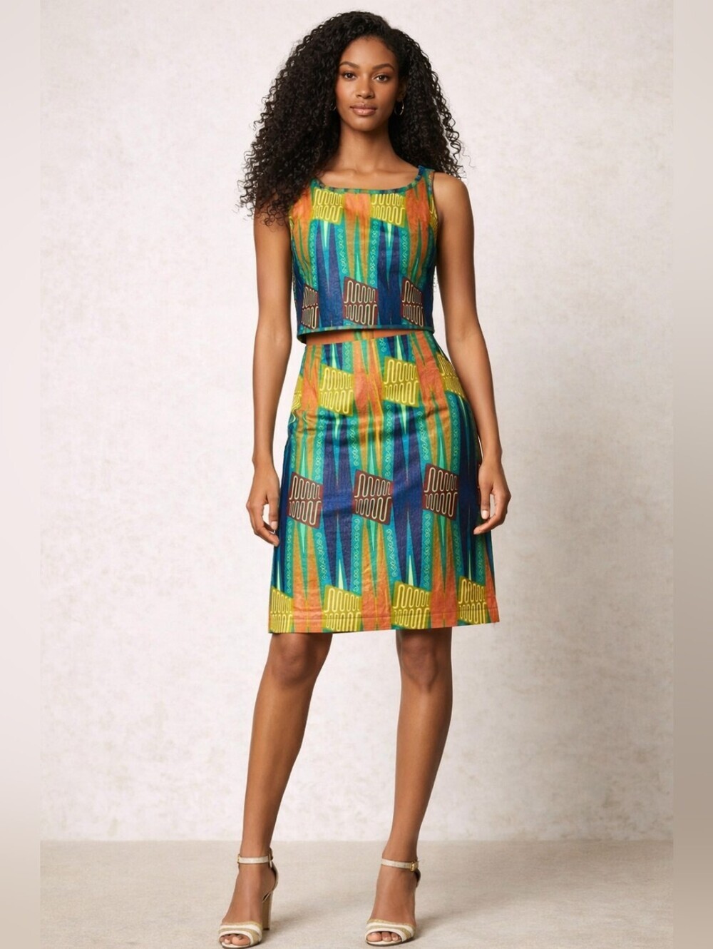 Legend & Song Kente Print, Dutch Wax Sleeveless Crop Top & A-Line Skirt, size 2